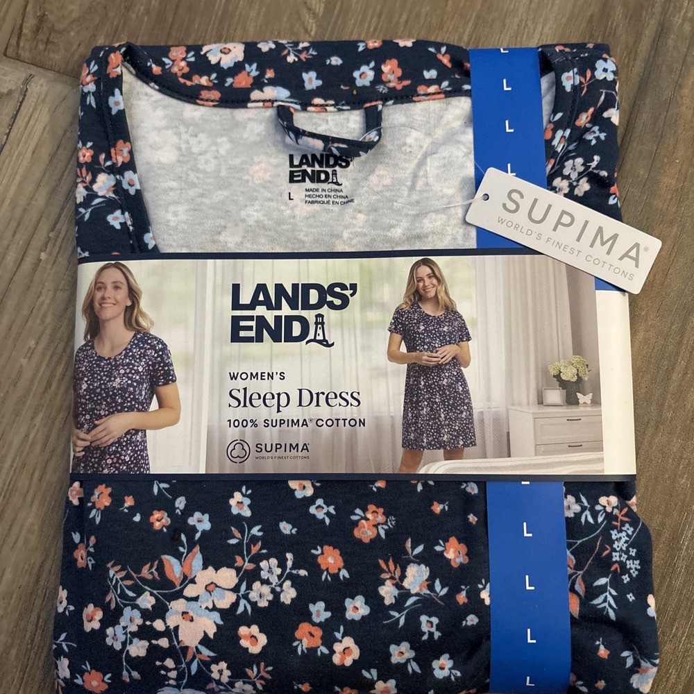 Lands' End Women's Sleep Dress 100% Supima Cotton Floral Navy Blue Large NWT